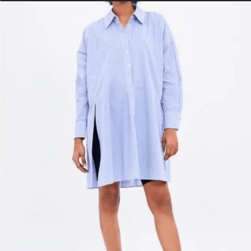 Zara Basic Blue Pin-Striped Shirt Dress w/ split hem